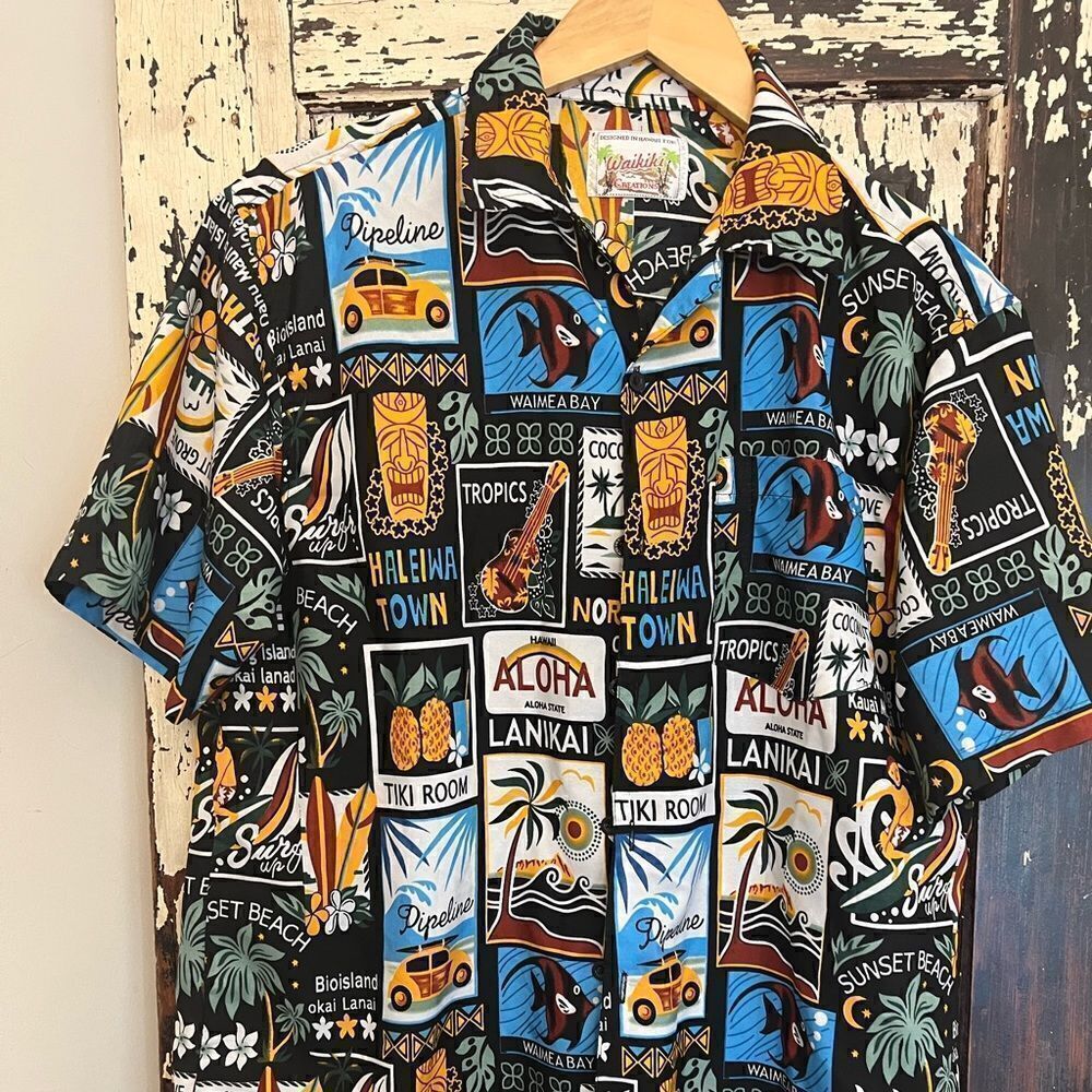 Men’s Waikiki Creations Hawaiian Tiki button down shirt.  Size L.